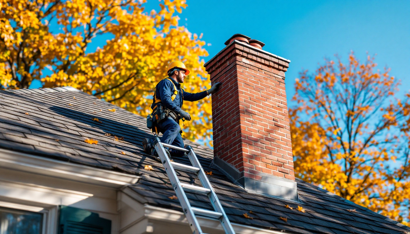 Professional chimney technician inspecting a residential brick chimney in Massachusetts